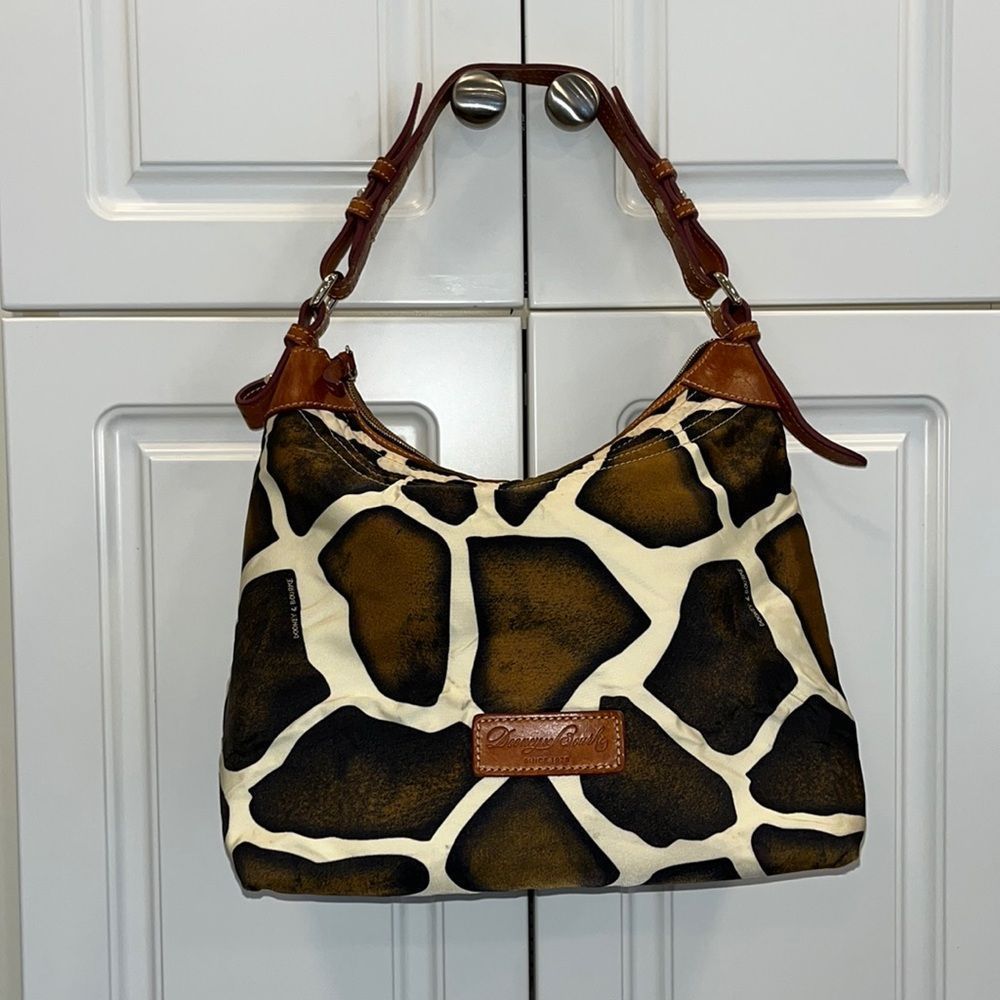 Vintage Dooney & Bourke nylon giraffe print shoulder bag. Tan leather st…